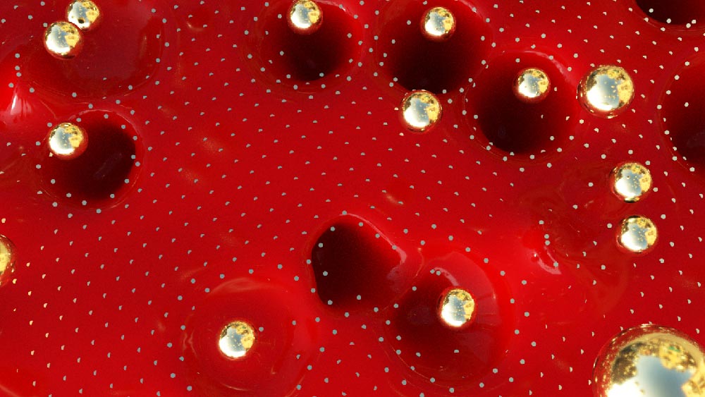 Rendering of gold spheres and dents in a red surface.